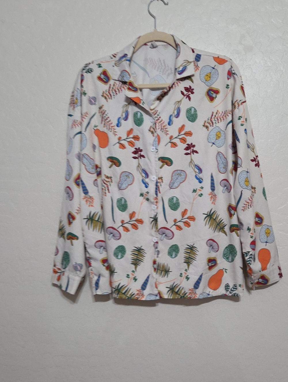 Womens White Button-Down Shirt with Colorful Botanical Print